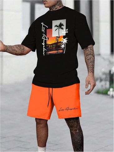 Men's Track Suit 2 Piece Set Short Sleeve Graphic Tees & Drawstring Waist Shorts Casual Outfits in Saudi Arabia