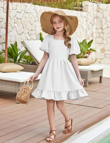Arshiner Girls Summer Cut-Out Back a-lip line dress sup suplives square square flouse hem vruces in Saudi Arabia