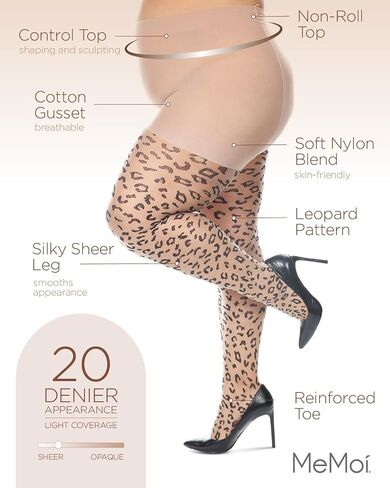 MeMoi Leopard Curvy Plus Size Sheer Tights, Comfortable Control Top Tights for Women - Sizes 1X - 7X in Saudi Arabia