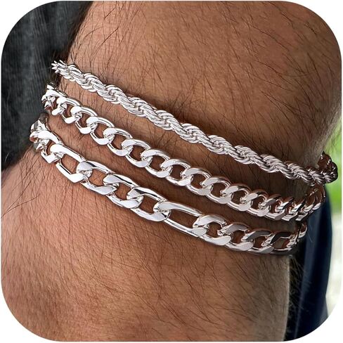 LOYALLOOK 3Pcs Chain Bracelets for Men, 316L Stainless Steel Figaro Rope Cuban Link Bracelet for Men Women 14K Gold/Silver, Gifts for Dad Husband 6.5/7/7.5/8.3/9 Inches in Saudi Arabia