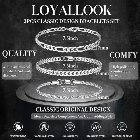 LOYALLOOK 3Pcs Chain Bracelets for Men, 316L Stainless Steel Figaro Rope Cuban Link Bracelet for Men Women 14K Gold/Silver, Gifts for Dad Husband 6.5/7/7.5/8.3/9 Inches in Saudi Arabia