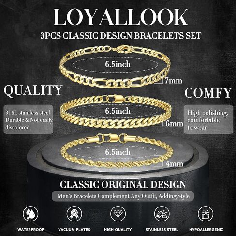 Loyallook 3PCS سلسلة أساور للرجال ، 316L من الفولاذ المقاوم للصدأ فيجارو حبل كوبي سوار للرجال النساء 14K الذهب/الفضة ، وهدايا لزوج أبي 6.5/7/7.5/8.3/9 بوصات in Saudi Arabia