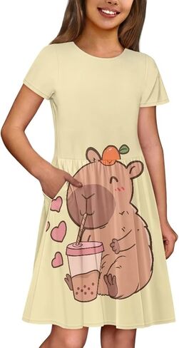 Girls Short Sleeve Casual Swing Midi Dress with Pockets for 4-14 Kids in Saudi Arabia