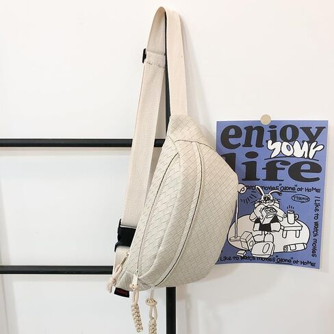 Sling Bag for Women Men,Woven Leather Fashionable Fanny Pack Crossbody Bags with Adjustable Shoulder Strap Chest Packs for Travel Cycling Work Sport Hiking Gym,Large-Brown in Kuwait
