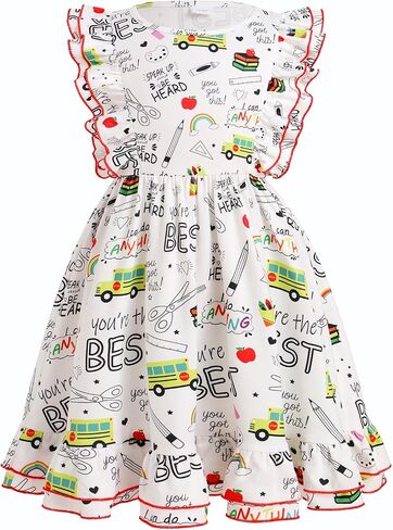Kids Girls Back to School Dress Kindergarten Pencil Stationery School Bus Ruffle Casual First Day of School Dresses in Kuwait