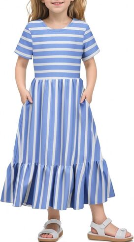 LQSZ Girls Maxi Summer Dress with Pocket Short Sleeve Spring Boho Long Sundress Casual School for Kids Size 3-12 Years in Saudi Arabia