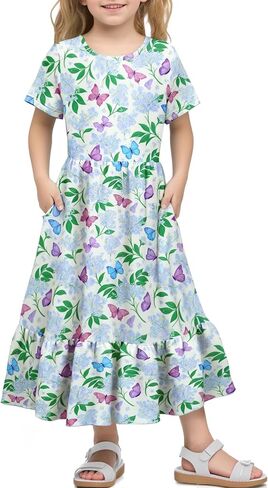 LQSZ Girls Maxi Summer Dress with Pocket Short Spring Boho Sundress Sundress School Discal in Kuwait