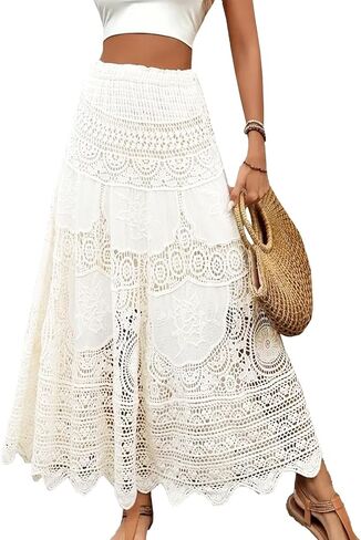 Women's Crochet Skirt High Waist Maxi Stretchy Boho Hollow Out Flowy Lace Skirts in Saudi Arabia