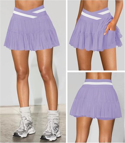 Women's Pleated Flowy Ruffle Tennis Skirt Skort for Women Crossover High Waisted Mini Athletic Skirt with Shorts Pocket in Kuwait