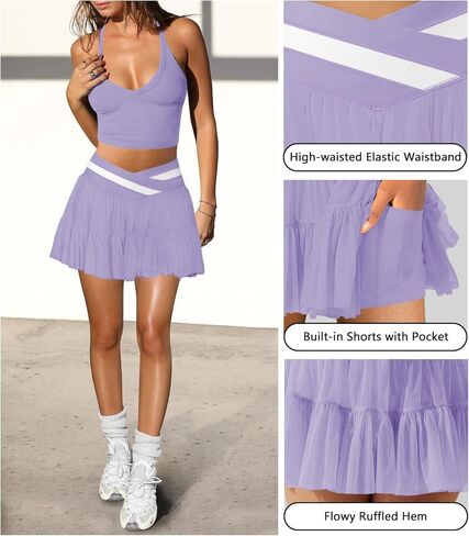 Women's Pleated Flowy Ruffle Tennis Skirt Skort for Women Crossover High Waisted Mini Athletic Skirt with Shorts Pocket in Kuwait
