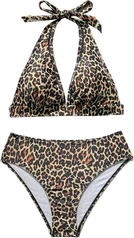 Women's 2 Piece Leopard Bathing Suit Halter Neck Wireless Bikini Set Tie Back Y2K Swimsuit in Saudi Arabia