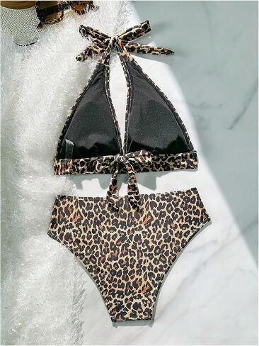 Women's 2 Piece Leopard Bathing Suit Halter Neck Wireless Bikini Set Tie Back Y2K Swimsuit in Saudi Arabia