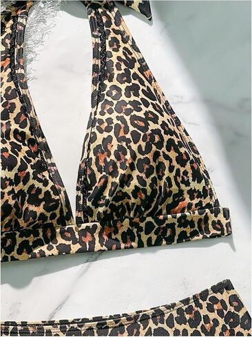 Women's 2 Piece Leopard Bathing Suit Halter Neck Wireless Bikini Set Tie Back Y2K Swimsuit in Saudi Arabia