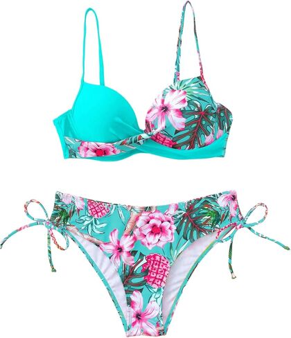 MakeMeChic Women's 2 Piece Bikini Set Tropical Print Wrap Push Up Spaghetti Strap Tie Side Bathing Suit in Kuwait