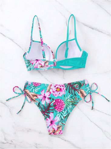 MakeMeChic Women's 2 Piece Bikini Set Tropical Print Wrap Push Up Spaghetti Strap Tie Side Bathing Suit in Kuwait