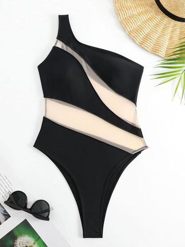 Women's one-Piece Swimsuit mesh Paneled one-Shoulder Sexy Tummy-Controlling Monokini in Saudi Arabia