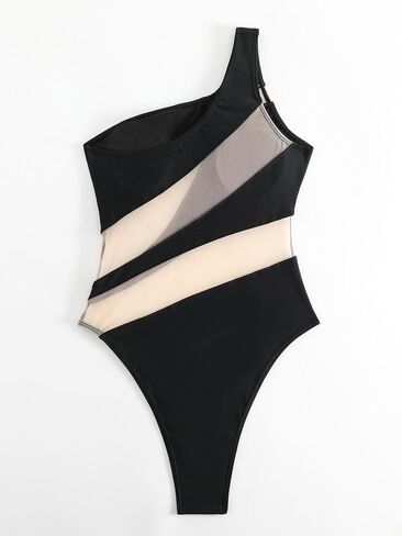 Women's one-Piece Swimsuit mesh Paneled one-Shoulder Sexy Tummy-Controlling Monokini in Saudi Arabia
