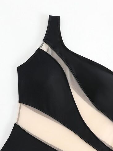 Women's one-Piece Swimsuit mesh Paneled one-Shoulder Sexy Tummy-Controlling Monokini in Saudi Arabia