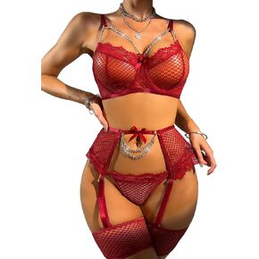 3 Piece Lingerie Set Chain Babydoll Underwire Bra and Panty Sets Underwire Lingerie with Garter Belt