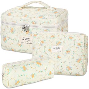 senbowe Floral Makeup Bag, 3 Pack Large Cotton Quilted Makeup Bag Set, Cute Floral Coquette Aesthetic Toiletry Bag Make Up Cosmetic Bag for Women, Toiletry Travel Make Up Organizer Bag
