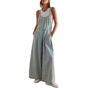 D-Sun Women Denim Overalls Wide Leg Bib Pants Adjustable Strap Sleeveless Jean Jumpsuit Backless Elastic Waist Rompers