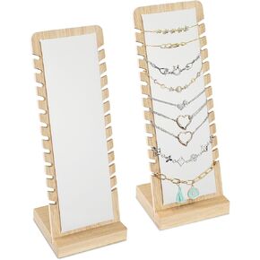 MOOCA 2 Pcs Set Bamboo Freestanding Medium Necklace Bracelet Holder Stand, Jewelry Display, Necklace Display for Multiple 12 Necklaces or Bracelets, Beige Color, 7.1W x 4.5D x 14.9H in