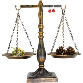 Vintage Metal Libra Jewelry Towers Display Cosmetic Organizer Storage, Scale Centerpiece Stand, Antique Jewelry Storage, Farmhouse Candleholder Display – Bronze, 7.7“ W x 12.1“ H