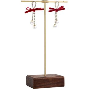 GemeShou Metal earrings display stands for selling, Wood hanging earring holder, Walnut earring rack T stand【Walnut Brass T Stand Height 6.5"】