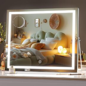 Hasipu Vanity Mirror with Lights, 15" x 13" LED Makeup Mirror with 10X Magnification, Smart Touch 3 Colors Dimmable, Adjustable Brightness, 360° Rotation, White