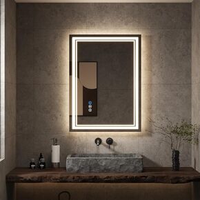 Led Bathroom Mirror with Lights 20x28 Inch,Human Body Sensing Lighted Bathroom Vanity Mirror Wall,Memory Function,Anti-Fog,Dimmable 3 Colors,Front and Backlit Led Mirror for Bathroom.