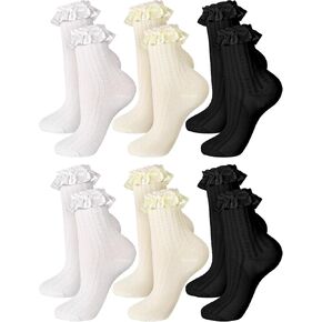 6 Pairs Women Casual Ruffle Lace Ankle Socks Cute Breathable Thin Cool Frilly Socks