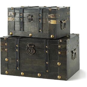 SLPR Alexander Wooden Treasure Chests - Set of 2, Antique Storage Trunks, Decorative Wood Storage Boxes with Hinged Lids for Keepsakes and Home Décor