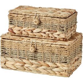 2PCS Wicker Storage Baskets with Lids Decorative Bohemian Handmade Rattan Boxes Natural Water Hyacinth Seagrass Paper Rope Woven Bins Shelf Container Memory Keepsake Photo Makeup Organizer in Kuwait
