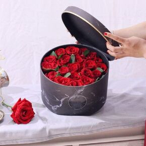BBJ WRAPS Vintage Marble Flower Paper Box Round Florist Boxes For Bouquet With Lids Set/3 (S/M/L) (Black)