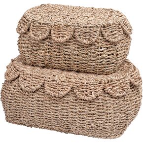 Set of 2 Hand Round Wicker Storage Baskets, Rattan Basket Decorative Boxes, Woven Storage Box Seagrass Baskets with Lids, Scalloped Edge Wicker Basket with Lid