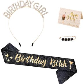 Birthday Sash,Happy Birthday Decorations for Women Black gold Sash & Gold Rhinestone Crown Headband & Pearl Pin & Card for 18th 21st 30th or Any Other Party