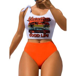 WDIRARA Women's Letter Graphic Tankini Swimsuit Tie Shoulder Bikini Top and Bottom 2 Piece Bathing Suit