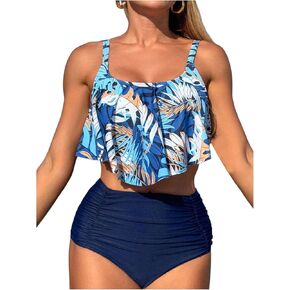 SOLY HUX Women's Two Piece Bathing Suit Tropical Print Flounce Ruched High Waisted Tankini Swimsuits