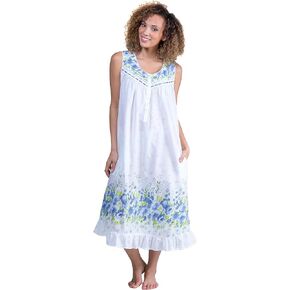 LA CERA Nightgown - Sleeveless Long Cotton Lawn Gown - Wildflower Bleu (Large (14-16), White/Blue)