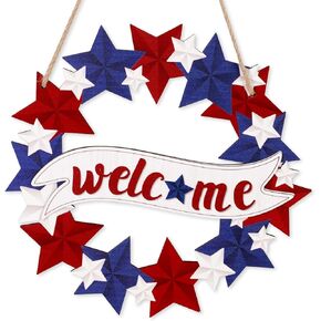 H&W Independence Day Welcome Front Door Sign for 4th of July Patriotic Decor, Memorial Day Wooden Welcome Decorative Sign Hanging, Porch Home Wall Outside Decor(12inch)