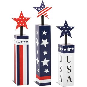 Wooden 4th of July Decorations Set, Red White Blue Decor, Patriotic Memorial Day Tiered Tray Decor, Labor Day Decorations, Fourth of July Decoration for Home Office Table (Flag Print)