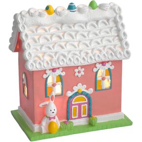 Easter Village Houses Easter Bunny Decorations Indoor Resin Gingerbread House with LED Lights 9 * 5.75 * 10 Inch Kitchen Tabletop Decor for Mom