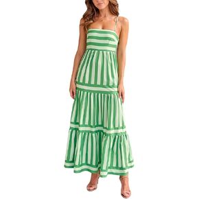 Women Striped Maxi Dress Smocked Backless Spaghetti Strap Long Flowy Dress Sleeveless Boho Aline Sundress