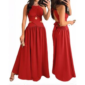 CHICME Women's Sleeveless Halter Neck Dress Criss Cross Tie Back Split High Maxi Dress