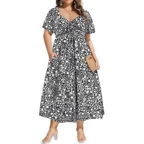 CARCOS Plus Size Dresses for Curvy Women Tie Sweetheart Neck Summer Maxi Dress Short Sleeve Empire Waist Floral Boho Dress