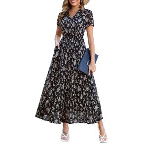 Kranda Women 2025 Summer Collared V Neck Short Sleeve Button Down Chiffon Long Tiered Floral Maxi Dress with Pockets