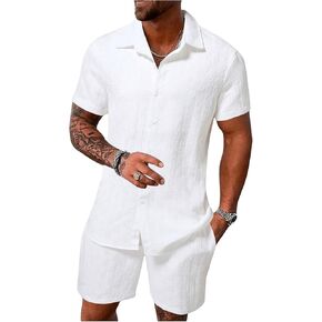 Men's 2 Piece Outfits Short Sleeve Button Down Shirts Summer Beach Texture Shorts Casual Vacation Set