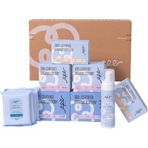Feminine Care Bundle, Period Essentials 100% Organic Cotton Pads for Women, Size 2,3,5 Sanitary Napkins 124 Ct, Flushable Gentle Feminine Wet Wipes, Plant-Based Soothing Feminine Wash