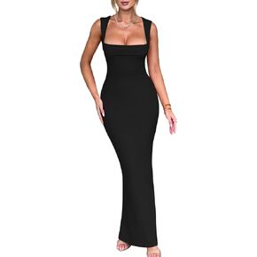 Women's Elegant Sleeveless Square Neck Bodycon Ruched Long Evening Party Dress