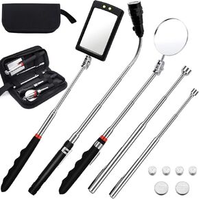 Magnetic Pick-up Tools,5PcsTelescoping Magnetic Pick-Up Tool Dad Father Christmas Gift 15lb/1lb Pick Up Rod, Telescoping Flexible 3 Led Flashlight Round/Square 360° Swivel Adjustable Inspection Mirror